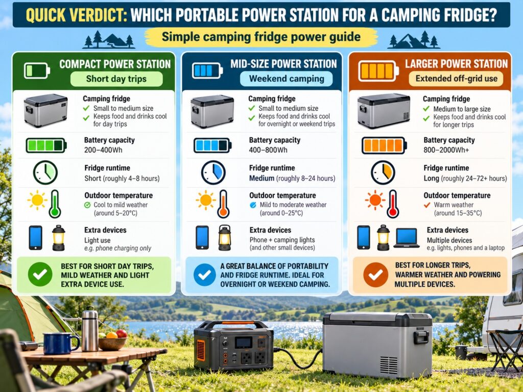 Quick verdict showing compact, mid-size and larger portable power stations for camping fridge runtime and UK camping use
