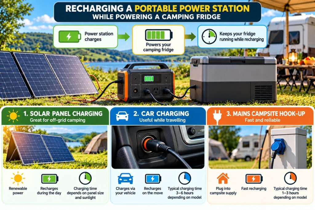 Portable power station recharging by solar panel, car charging and campsite mains while powering a camping fridge