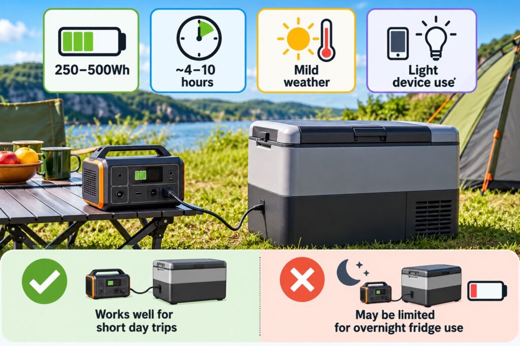 Small portable power station connected to a camping fridge showing short trip use, limited battery capacity and runtime