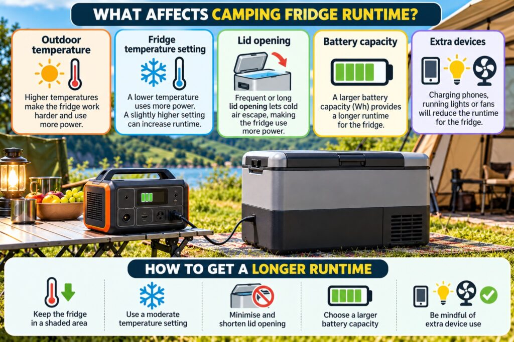 Camping fridge connected to a portable power station showing outdoor temperature, lid opening, battery capacity and extra devices affecting runtime